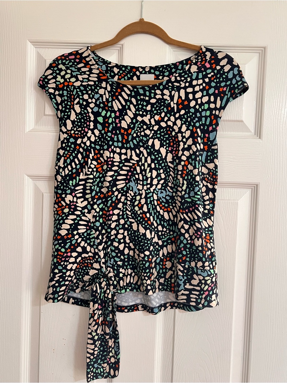 NIC+ZOE Navy Abstract Mosaic Printed Tie-Waist Cap Sleeve Top Medium